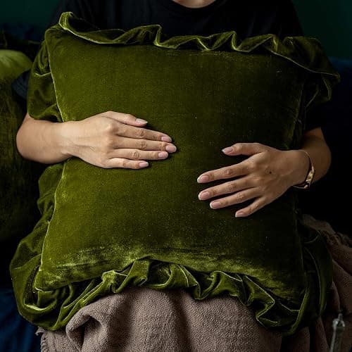 Glory Season Velvet Throw Pillow Cover Soft Decorative Luxurious Solid Square Cushion Case for Sofa Couch Bedroom Farmhouse,Pack of 2, 18 x 18 Inches, Olive Green thumbnail 3