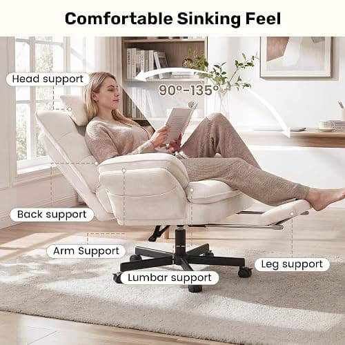 Criss Cross Office Chair with Flip-Up Armrests and Headrest, 135° Reclining Swivel Velvet Criss Cross Chair with Wheels & Foot Rest, Big and Tall Cloud Cross Legged Office Chair for Home, Cream thumbnail 9