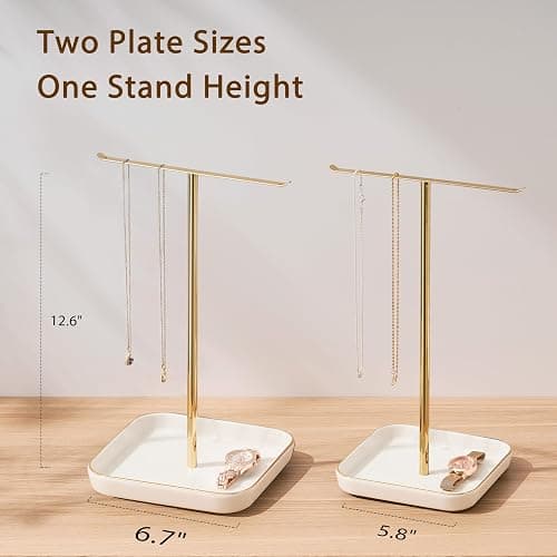 pickpiff Necklace Holder Stand with Ceramic Base: 12" Jewelry Tree Display Organizer for Necklaces, Bracelets, Rings, Earrings, Tall Gold Stand for Women, Aesthetic Room Décor, Gold and White thumbnail 6