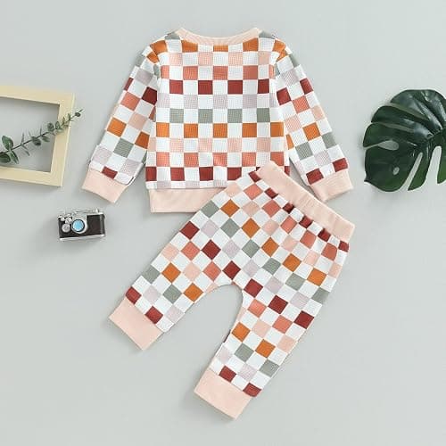 Karwuiio Toddler Baby Boy Girl Clothes Checkerboard Print Long Sleeve Sweatshirt Tops and Pants Fall Clothing Set thumbnail 3