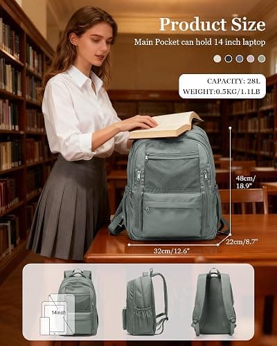 WEPOET Cute High School Backpack for Women Men, Large Capacity Middle School Bag, Lightweight Bookbag for Teens Boys Girls, Waterproof College Backpack with lots of Pockets, Green thumbnail 3