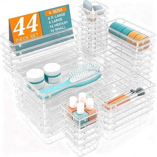 WOWBOX 44 PCS Clear Plastic Drawer Organizer Set, 5 Varied Size storage Bins and Desk Drawer Organizer Trays for Makeup, Gadgets, Jewelry and Utensils in Bathroom, Bedroom and Office, Clear - Image 1