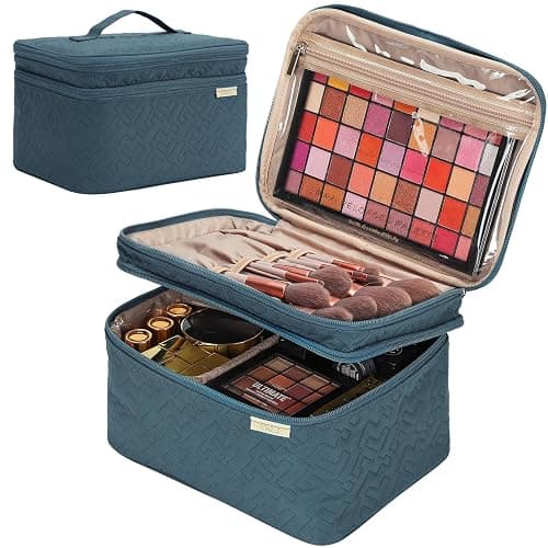 NISHEL Large Double Layer Travel Makeup Bag Women, Cosmetic Case, Organizer for Travel-Size Accessories Bottles, Brushes, Conditioner, and Skin Care Products, Lake Blue - Image 1