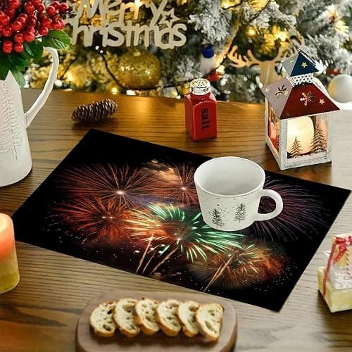 Splendid Fireworks Table Runner and Placemats of 6 Washable Heat Resistant Place Mats with Table Runner Vintage Holiday Table Mat Set for Holiday Party Kitchen Dining Deco thumbnail 2
