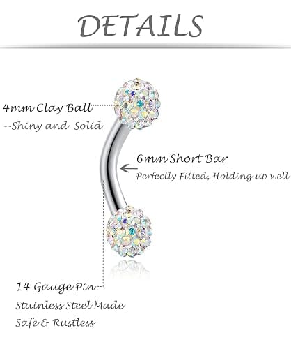 Tornito 6-8-12PCS 14G 6-10mm Short Bar Tiny Heart Butterfly Evil Eye Devil Heart Snake Skull CZ Skull hand with Gem ball Stainless Steel Belly Button Rings Navel Rings for Women Barbell Eyebrow Body Piercing Jewelry thumbnail 2