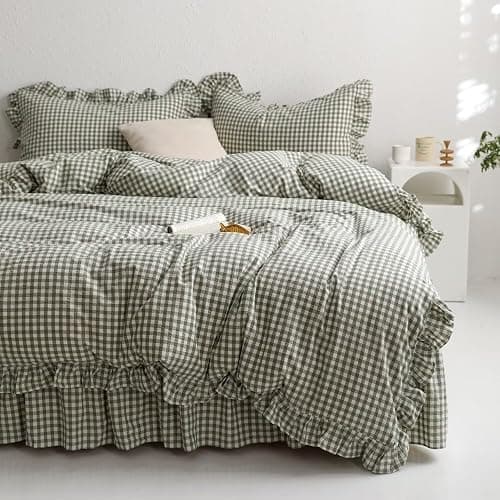mixinni Green Ruffle Duvet Cover King Size 3 Pieces – 100% Washed Cotton, Vintage Plaid Ruffled Bedding Set with Zipper Ties, Soft Checkered Grid Farmhouse Chic Comforter Cover Set - Image 1