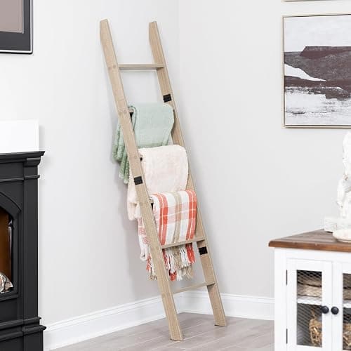 Blanket Ladder for Living Room and Bedroom, 5ft 8 inch, 6-Tier Wall Leaning Laminate No-Snag Construction (Smokey Oak) Rustic Decorative Farmhouse Blanket Storage, Quilt Rack, Ladder Shelf thumbnail 2