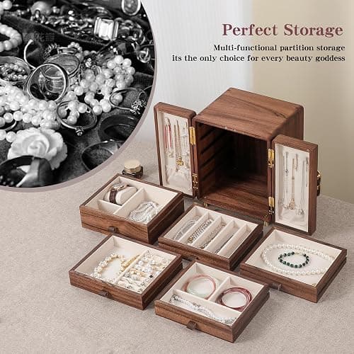 KAOTGOT Jewelry Box for Women Girls, Wooden Jewelry Box Organizer Functional With Drawers, 5 Layers Jewelry Storage Organizer for Earring, Ring, Necklace, Bracelets thumbnail 4