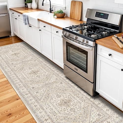 3x10 Runner Rug for Hallway Washable: Non Slip Kitchen Rugs with Rubber Backing Soft Waterproof Mats Stain Resistant Indoor Vintage Carpet Runner for Bedroom Bathroom Laundry Entryway Beige/Gray thumbnail 4