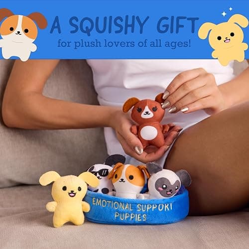 Emotional Support Puppies, Cuddly Stuffed Animals by Relatable | Plushies and Cute Stuff, Great Gift Ideas for Loved Ones of All Ages, Includes 5 Plushies with Carrying Basket thumbnail 6