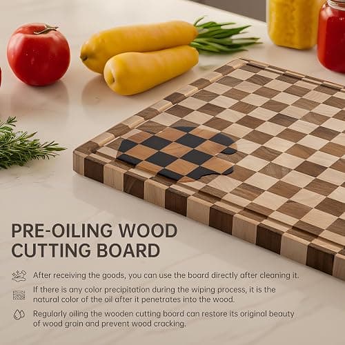 THETCHRY Cutting Boards for Kitchen, Checkered Cutting Board Upgraded, Acacia Wood Chopping Board with Juice Grooves & Handles, Large Butcher Block Serving Tray with Gift Box, 16.5" x 11.6" x 0.8" thumbnail 9