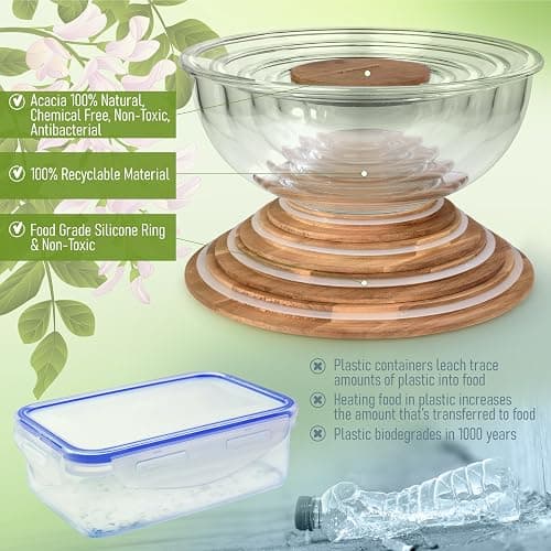 dokaworld Set of 5 Nesting Glass Bowls with New Updated Acacia Lids for Foodprep, Storage, Mixing & Cooking - Microwave & Oven-ready BPA Free Durable Heat Resistant Inert Borosilicate Glass thumbnail 7