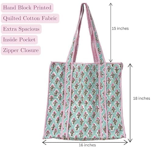 ATOSII Women Handblock Print Quilted 100% Cotton Floral Large Shoulder Tote Bag with Pocket, Zipper for Work, Beach & Travel thumbnail 2