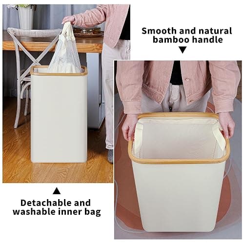iEGrow Slim Laundry Hamper,75L Beige Narrow Laundry Basket with Lid,Foldable Clothes Hamper with Bamboo Handles,Hamper Basket with Removable Inner Bag for Laundry Room Bedroom College Dorm thumbnail 5