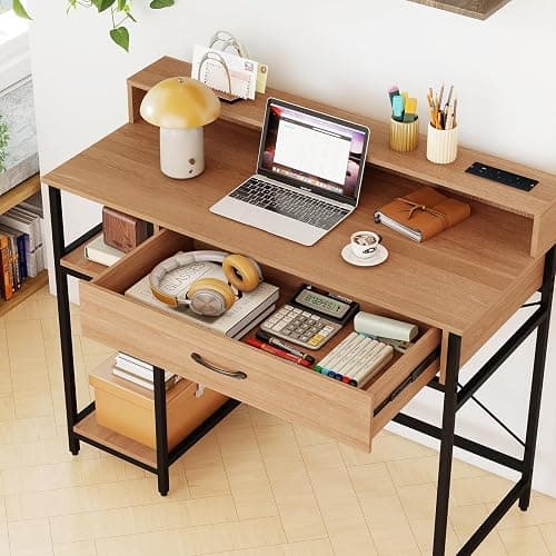 SFAREST Computer Desk, Industrial Laptop Writing Desk with Monitor Stand, Drawers & Storage Shelves, Wooden PC Study Work Table for Bedroom Study Office(Natural,106 x 48 x 90cm) thumbnail 2