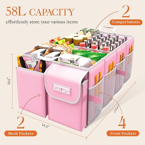 HOTOR Foldable Trunk Organizer - SUV & Sedan Compatible, 2 Compartments, Pink, 23.6"14.2"10.6" Sturdy Car Organization for Accessories, Tools, Sundries thumbnail 2