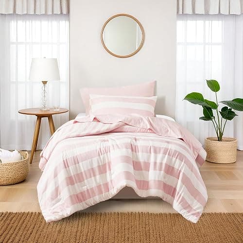 Reversible Striped Twin Comforter Set-Bed in A Bag 5-Pieces Bedding Set with Double-sided Stripes Design-Warm & Cozy Bed Set Includes Twin Size Comforter, Sheets Set, Pillowcase and Sham, Blush thumbnail 2