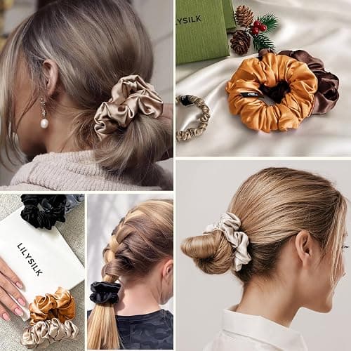 LILYSILK Women's 100% Silk Hair Scrunchies Ladies Elastic Hair Tie Bobbles Ponytail Holders for All Hair Type and Conditions and Preventing Hair Frizz Breakage Loss,Black+Taupe thumbnail 7