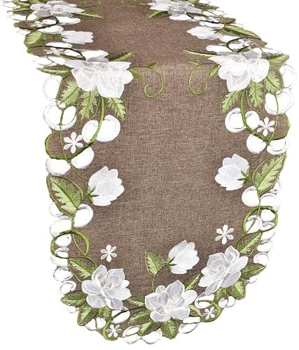 Beautiful White Magnolia Floral Design and Green Leaves Embroidered Cutwork Edges on Brown Polyester Linen, Table Runner, Dresser Scarf (14Wx51.5L) - Image 1