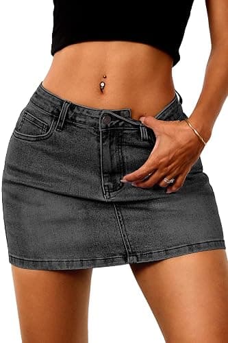 ELLEVEN Stretchy Mini Jean Skirt for Women,Low Waist Denim Skirts with Pockets - Image 1