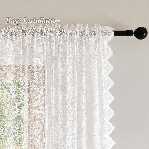 Rinwoc White Lace Semi-Sheer Curtains – Vintage Floral Lace for Bedroom/Bathroom, Light Filtering Rod Pocket Drapes, Privacy Chic Window Treatments Scalloped Hem, 52W x 72L Inch, 2-Panel Set thumbnail 8