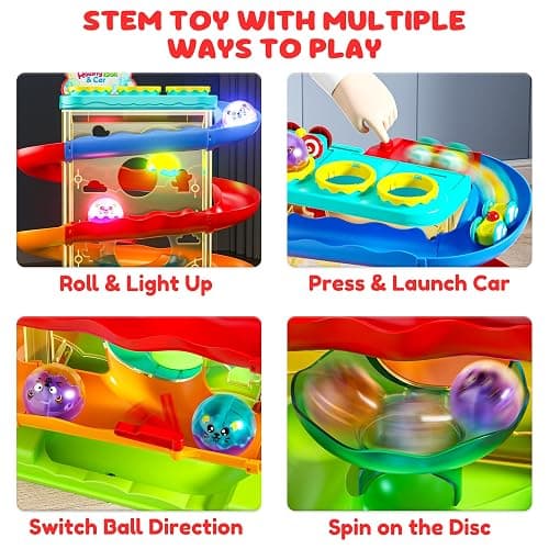 2-in-1 Ball Drop & Car Ramp Race Track Montessori Toy for Toddlers Ages 1-5 | Hammer Rolling Ball, Launch and Race Car-Cause and Effect Sensory STEM Learning Toys for 1-5 Year Old Boys & Girls thumbnail 5