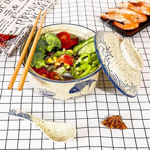 Ceraozmus Ceramic Ramen Bowl Set, 800ml, with Lid, Spoon and Chopsticks, Japanese Vintage Large Soup Bowls Instant Noodle Bowl Asian Tableware (Fish*1) thumbnail 4