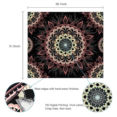Yugarlibi Mandala Wandbehang Wandteppich Indisch Böhmisch Hippie Wandtuch Wand Deokration Rosa Lotos Tapisserie Ästhetisch für Zimmer Wohnheim Schlafazimmer, 150x130cm thumbnail 7