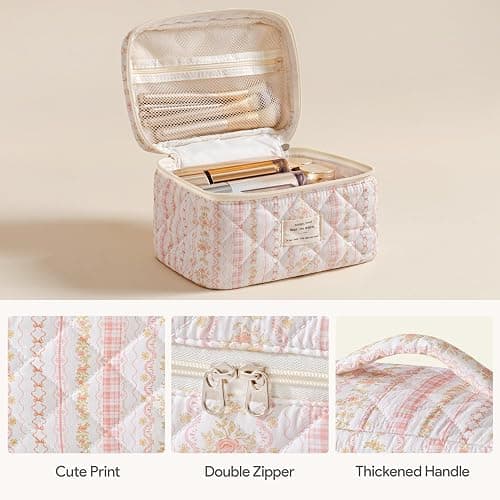 HBselect Quilted Makeup Bag, 3PCS Cotton Large Travel Makeup Bag, Cute Floral Coquette Make up Bag Cosmetic Bag Toiletry Bag for Women Girls thumbnail 2