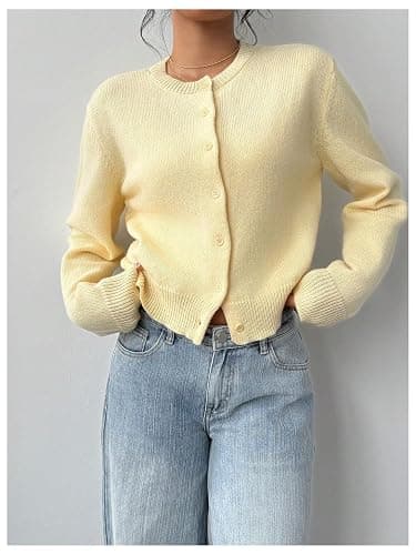 SOLY HUX Women's Button Down Long Sleeve Crewneck Crop Cardigan Sweater Cute Knitwear Clothes - Small - Mustard Yellow thumbnail 2