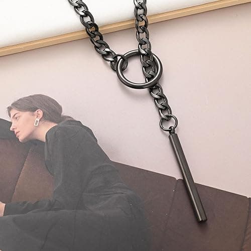 Heart O ring Slip Chain Necklaces for Women Stainless Steel Cuban Chain Bar Necklace Punk Rock Collar Necklace Handmade Adjustable Lariat Y Necklaces for Men thumbnail 7