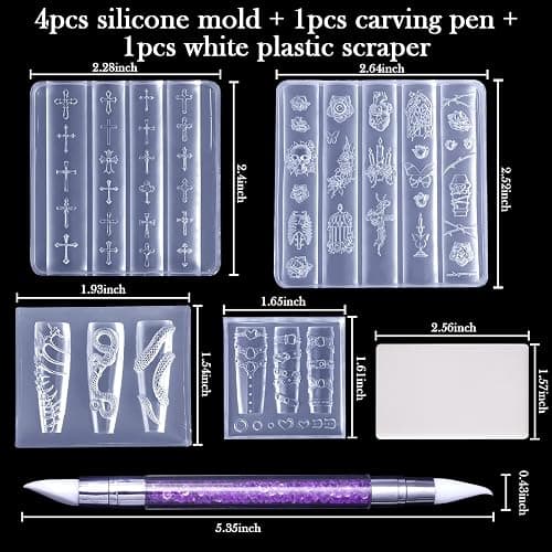 Laza 4pcs Gothic Silicone Nail Art Molds 3D Skull Rose Shaped Nail Molds | Reusable Nail Mold for Nail Art,Good Elasticity,3D Nail Mold, 3D Snake Bones Cross Collar Nail Accessories with Scraper & Pen thumbnail 3