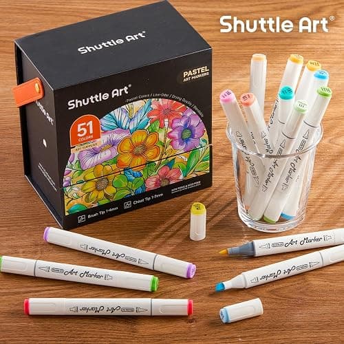 Shuttle Art Pastel Alcohol Markers Brush tip, Dual Tip Brush & Chisel Tip Art Marker Set, 50 Colors plus 1 Blender Marker Pens with Case Perfect for Illustration Students Adults Coloring Sketching thumbnail 7
