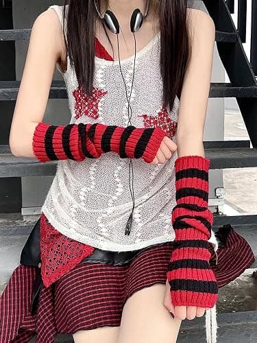 Y2k Striped Arm Warmers Long Fingerless Knitted Gloves Punk Gothic Alt Emo Scene Cool Winter Arm Sleeves Grunge Accessories thumbnail 5