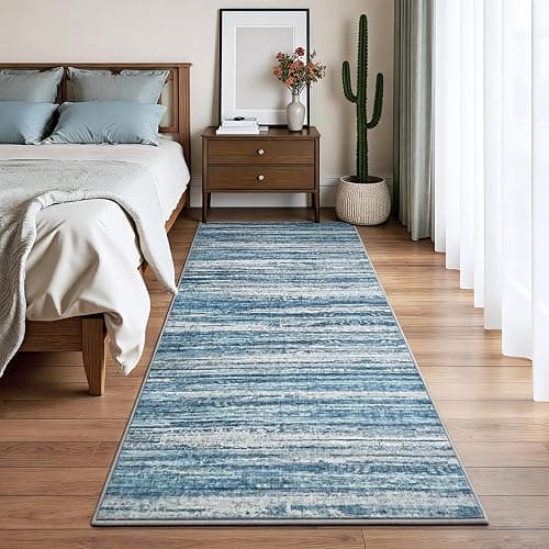 Chicrug 2x6 Blue Washable Runner Rug for Hallway Kitchen Entryway Non Slip | Striped Abstract Long Runners Rugs for Bedroom, 6ft Low Pile Floor Carpet Runner for Bedside Dorm Laundry Room thumbnail 2