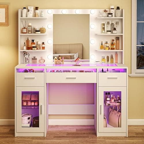 HUAHUU Vanity Desk, Makeup Vanity Desk with Mirror and Lights 3 Colors, Transparent Top with 3 RGB Drawers, 6 Shelves, 2 Large Tempered Cabinets, Power Outlet, for Bedroom, White thumbnail 8