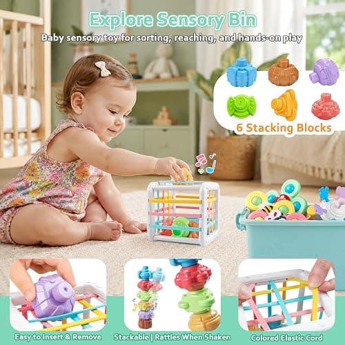 Plunack Montessori Baby Toys 6 in 1 Sensory Developmental Learning Set | Stacking Blocks, Rings, Pull String, Suction Cup Spinner, Matching Eggs & Sensory Bin, BPA-Free, Infant Developmental Skills thumbnail 6