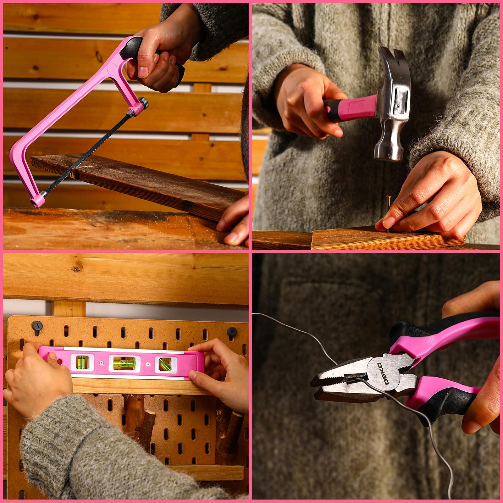 Kit de herramientas rosa: DEKOPRO - Caja de herramientas mecánica para el hogar con taladro inalámbrico de 12 V de potencia, juegos de herramientas de reparación de mano, kits combinados, organizador thumbnail 6