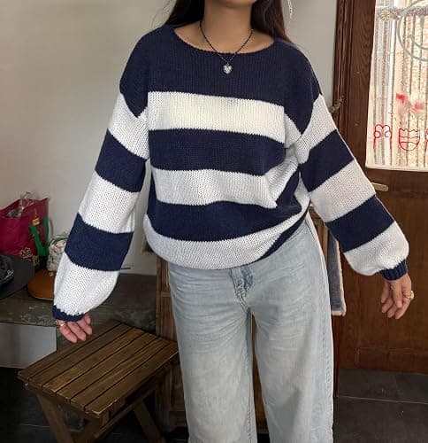 FOMOYUU Women Oversized Striped Sweater Color Block Knit Long Sleeve Sweatshirt Loose Pullover Y2K Preppy Jumper thumbnail 7