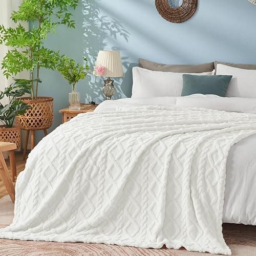 KMUSET White Fleece Blanket for Couch - Super Soft Cozy Luxury Throw Blankets for Women, Beautiful 3D Jacquard Gift Blanket for Girls, 50 x 60 Inches thumbnail 5