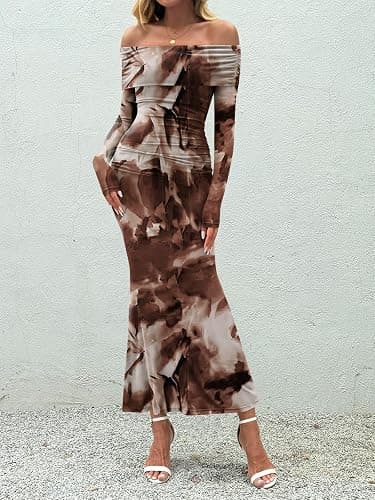 LILLUSORY Off The Shoulder Bodycon Floral Dress 2025 Fall Long Sleeve Maxi Wedding Guest Cocktail Going Out Club Dresses thumbnail 2