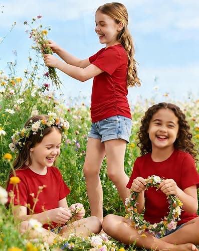 Arshiner Girls Shirts Side Ruched Short Sleeve Crewneck Fitted Tops Casual Summer Soft Tee Clothes 5-12 Years thumbnail 6