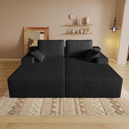 Oversized 80" Double Chaise Lounge Chair Futon Sofa Bed Boneless Cloud Couch Sleeper Sofa, Flannel Upholstered Floor Sofa Modular Sectional Loveseat with 2 Throw Pillow & Backrest Pillow, Black thumbnail 2