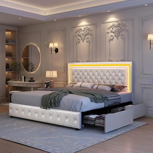 GEGOFORU Queen Led Bed Frame with 4 Storage Drawers, Bed Frame with Led Lights No Box Spring Needed, 900 lbs Capacity, Easy Assembly, PU White thumbnail 8