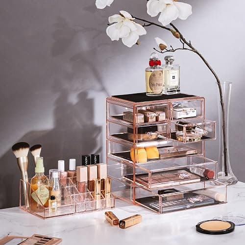 Sorbus Clear Cosmetic Makeup Organizer - Make Up & Jewelry Storage, Case & Display - Spacious Design - Great Holder for Dresser, Bathroom, Vanity & Countertop (3 Large, 4 Small Drawers) [Pink] thumbnail 2