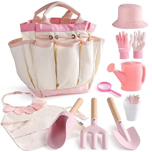 ROBOTIME Kids Gardening Set, 17PCS Kids Gardening Tools for Girls, Toddler Gardening Set with Hat, Apron, Gloves, Watering Can & Tool Bag – Outdoor Garden Toy Kit (Pink) - Image 1