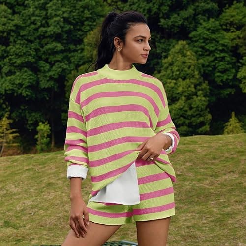 LAMISSCHE Womens Oversized Lounge Sets 2 Piece Outfits Striped Matching Pajama Set Long Sleeve Sweater Set thumbnail 6