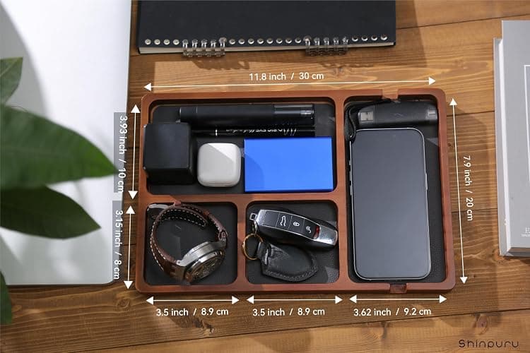 Men's Wooden Valet Tray with Leather Lining Nightstand Organizer, EDC, Catchall Tray - Key Tray, Phone Storage,Valet Tray for Men (Wood) thumbnail 3