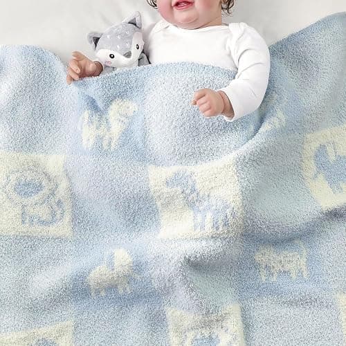 CREVENT 2Pcs 30''X40'' Cute Cozy Fluffy Warm Baby Blankets for Infants Toddlers' Bedding Crib Cot Stroller - Grey Cloud + Knit Animal Blue thumbnail 5