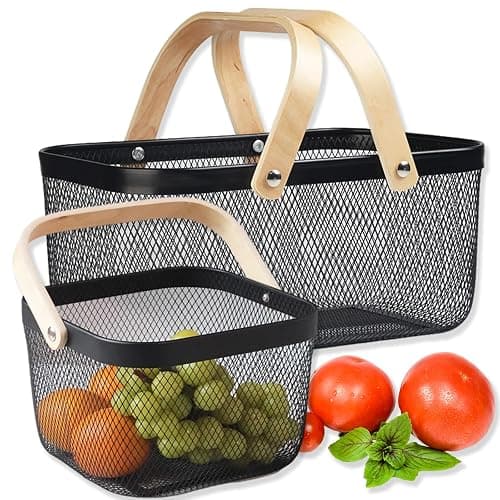 Cheardia 2 Pack Picnic Baskets, Metal Mesh Harvest Basket with Foldable Wooden Handle, Rectangle Garden Storage Basket Bin for Vegetable Fruit Garden Kitchen Cabinet Picking Gathering - Image 1
